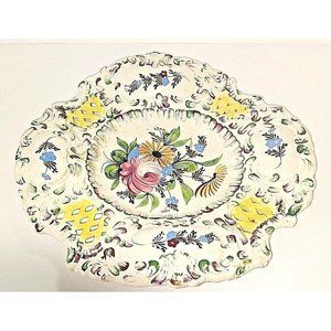 Vintage Italian Art Pottery A. Borsato Pink Roses Blue Flowers 7" Tray Plate